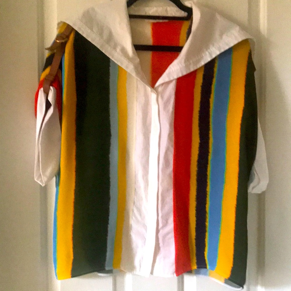 NWOT Tory Burch silk stripe sailor top with leather trim sz 6